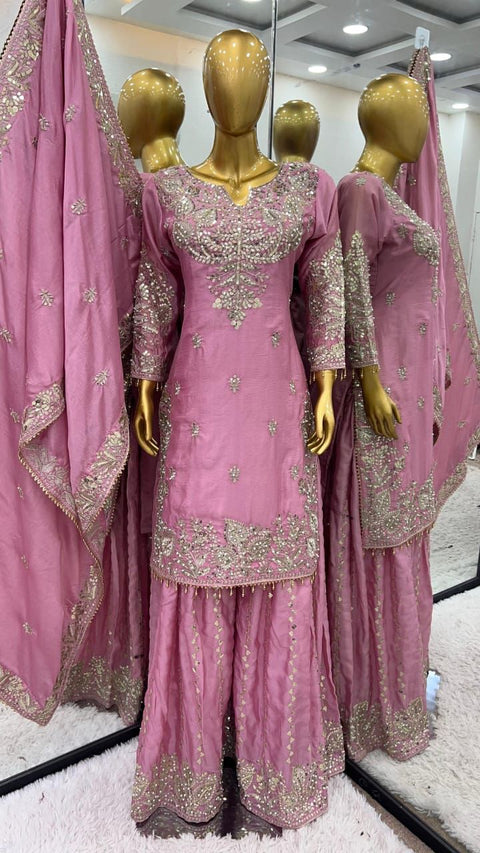New Pure Heavy Chinnon Silk With  Heavy Embroidery moti Sequence Work With Full Embroidery Sleeve