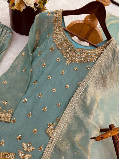 New Pure Fendy Silk With Heavy Embroidery Sequence Work Top-Bottom And Dupatta Set