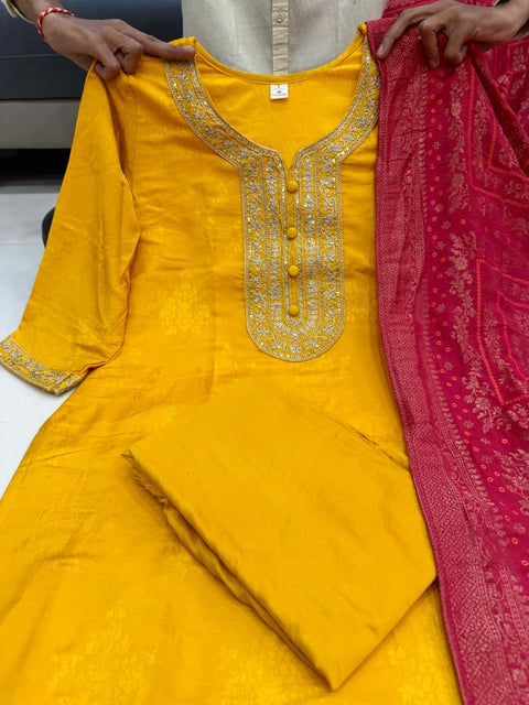 New  Designer Pure Banarasi Jequard Wiving Top With Pent & Dupatta Set