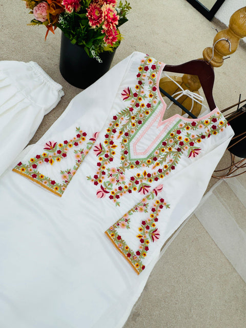 New Designer Natural Crep Silk Top-Bottom And Dupatta Set Fully Stitched Ready To Wear