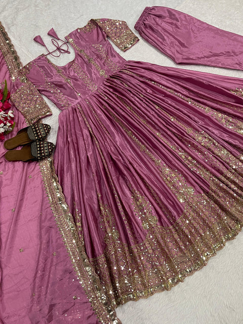 New Fancy Style Heavy Chinnon Silk Designer Anarkali Suit