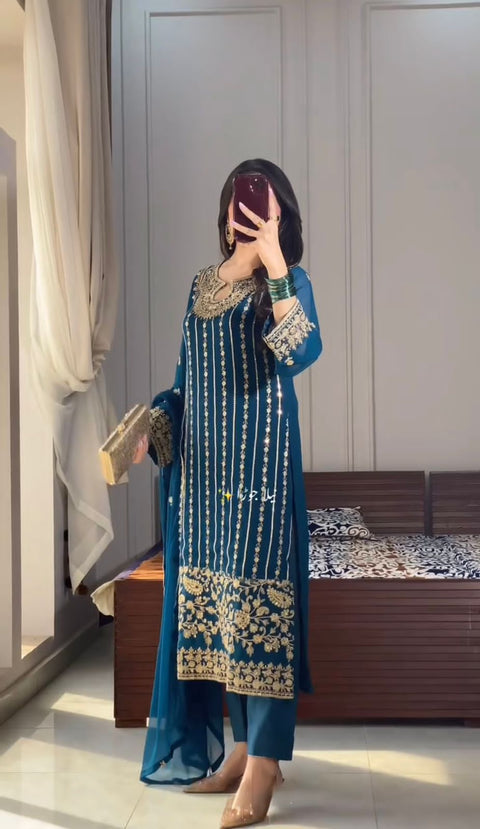 New Designer Party Wear Look Pur Chinon Silk Top Bottom & Dupatta Set