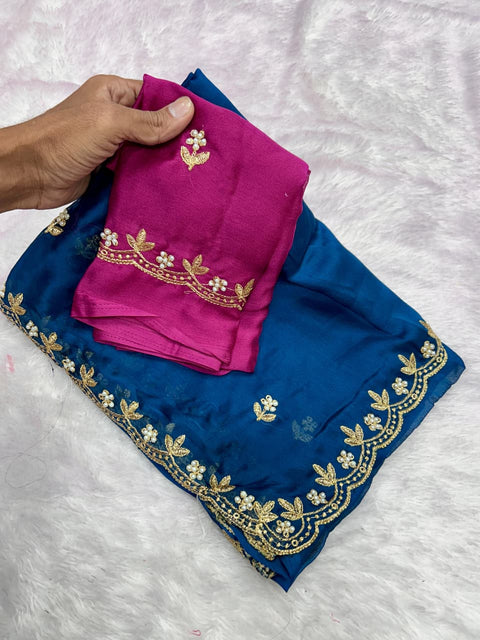 New Arrivals BestBeautiful Zari Embroidery Work With All Over Handwork With Cut Work Border Saree