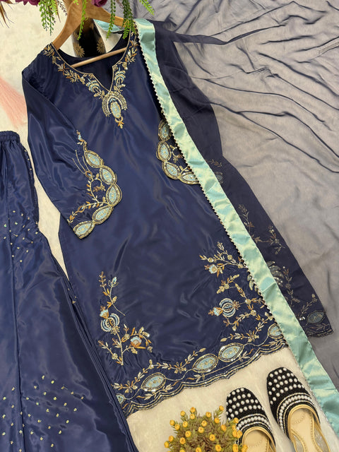 New premium Heavy Natural Crep Silk Heavy Bids Hand Work Embroidery Sequence Work Dress