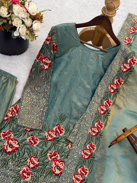 New Pure Fendy Silk With Heavy Embroidery Sequence Work Top-Bottom And Dupatta Set