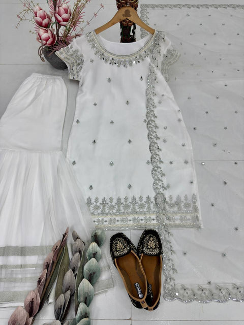 NEW DESIGNER HEAVY FUAX GEORGETTE TOP WITH SHARARA DUPATTA SUIT SET