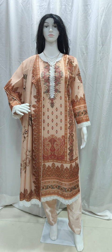 New Heavy Muslim simmer  With Heavy Digital Print With lace works Top-Bottom And Dupatta Set