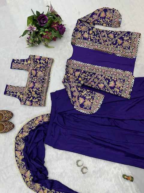 NEW SUPERHIT TRENDING READY TO WEAR SAREE WITH FULLY EMBROIDERED KOTI ON  CHINON FABRIC WITH STITCH BLOUSE