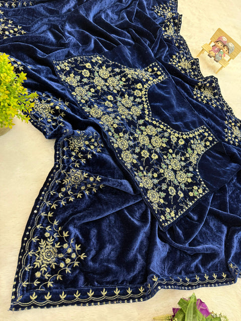 New SPECIAL WEDDING SUPERHIT TRENDING VELVET SAREE WITH EMBROIDERY WORK