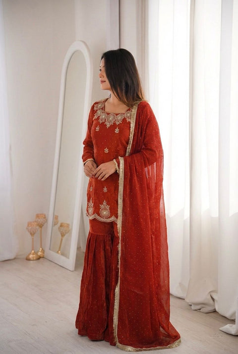 New Premium Embroidery Sequence Work With Zarkan Diamond Work Fully Stitched & Ready to Wear Dres