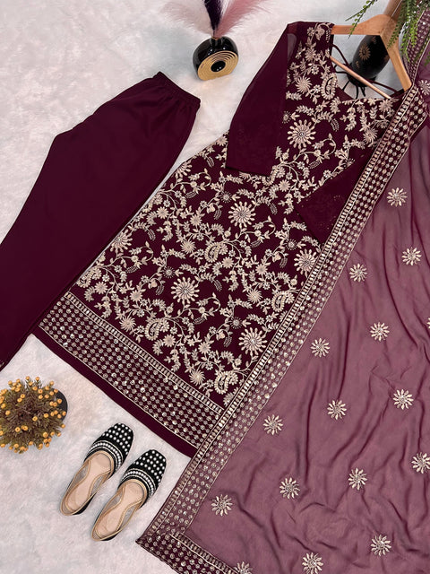 New FAUX GEORGETTE SEQUENCE EMBROIDERED WORK TOP AND PENT WITH DUPATTA