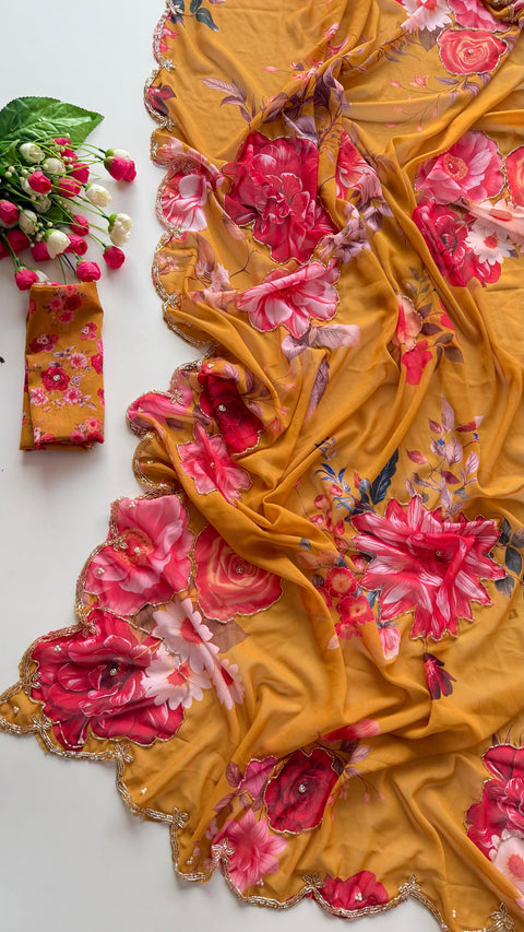 New Exclusive  elegant launch for fancy collection perfect for any function  light weight *faux georgette* saree