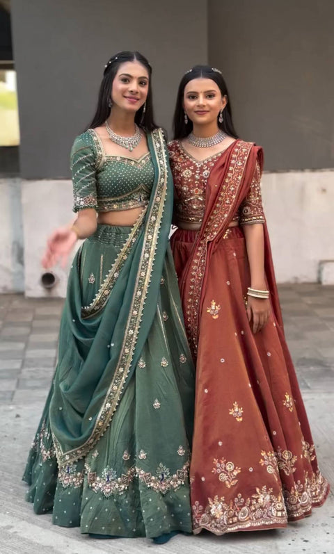 New Chinon fabric Embroidery Thread and Sequence Work Lehenga Choli
