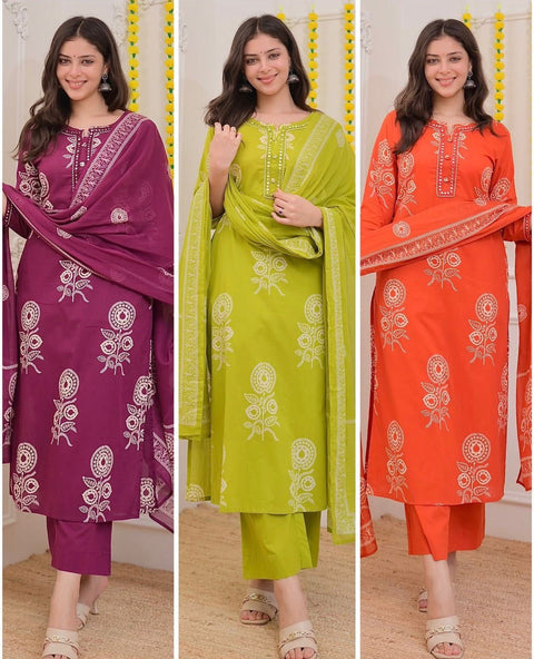 New Beautiful Heavy quality cotton Fabric designer festive wear straight style kurti with pattern pant