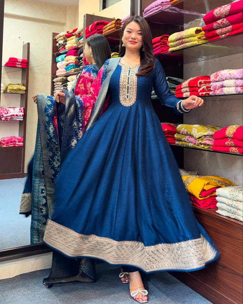 New Banana Silk Anarkali Flared Kurti Pant Dupatta Set