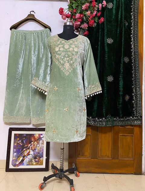 New GOOD QUALITY HEAVY VELVET TOP WITH BEAUTIFUL EMBROIDERED &  HEAVY VELVET PLAZZO