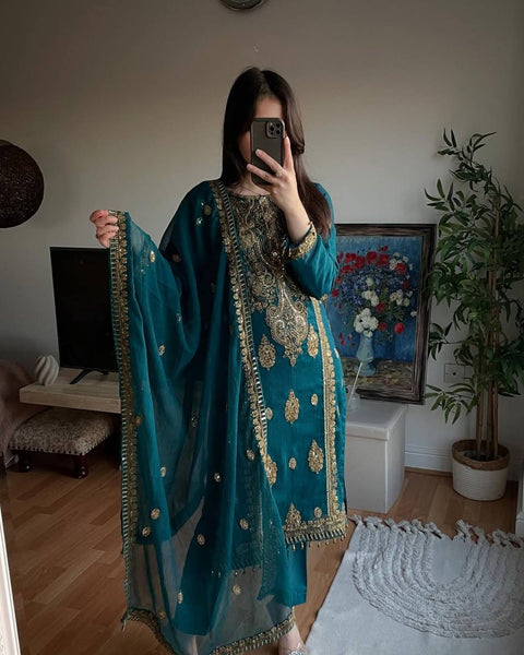 New Premium Pure Heavy Chinnon Silk With Heavy Embroidery Coding Sequence Work Dress