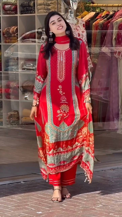 NEW DESIGNER HEAVY FUAX GEORGETTE DIGITAL PRINT HAND WORK FANCY SALWAR SUIT