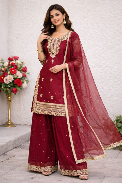 New Designer Party Wear Look Pur Gmy Silk Top Plazzo & Dupatta Set