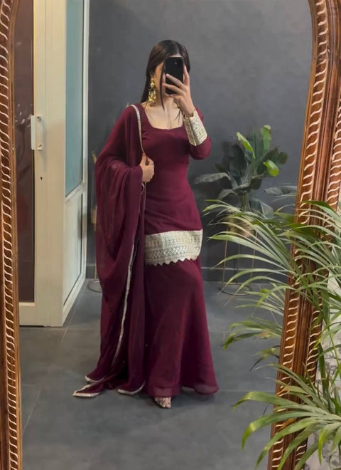 New Heavy Star Georgette With  Sequence and Coding*  Work With Full Sleeve With Latkan Dori Sarara Plazo