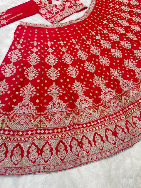 New Premium Malai Satin Embellished With Beautiful Thread Embroidery lehenga