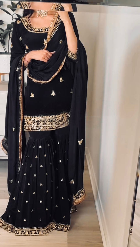 New Heavy Natural Crep With Heavy Embroidery Sequence  Work Sarara Plazo
