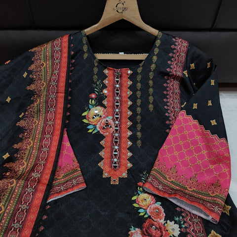 New Premium Chinon febric Pakistani Floral print and embroidery mirror works 3-Piece kurti SET
