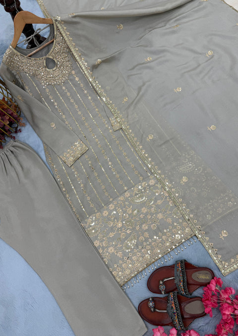 New Designer Party Wear Look Pur Chinon Silk Top Bottom & Dupatta Set