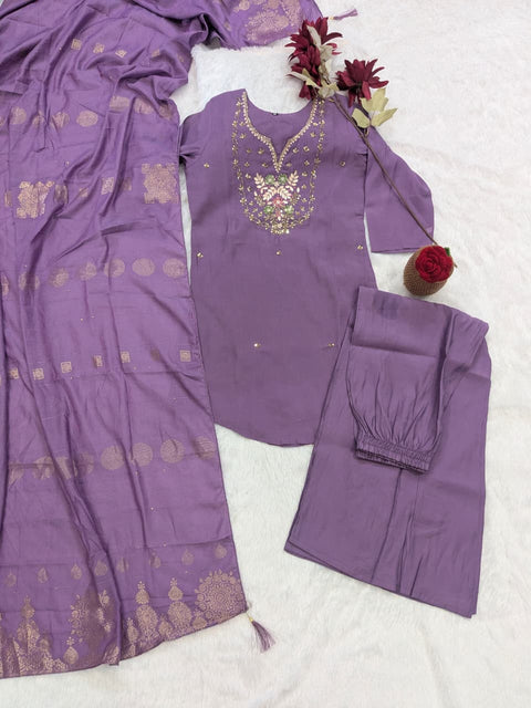 New Beautiful Real Hand WorkMuslin Silk DupattaRoman Silk PalazzoCHANDERI SHORT TOP SET