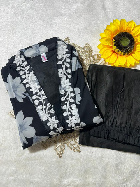New Premium Georgette Chikankari lace V Neck Kurti Pant Set