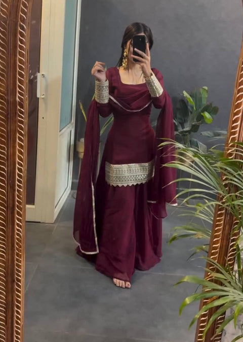 New Heavy Star Georgette With  Sequence and Coding*  Work With Full Sleeve With Latkan Dori Sarara Plazo