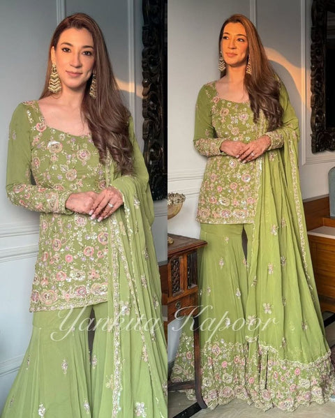 New Designer Collection In Pure Heavy Faux Georgette With Heavy Embroidery Sequence Work Top-Bottom And Dupatta Set Fully Stitched Ready To Wear