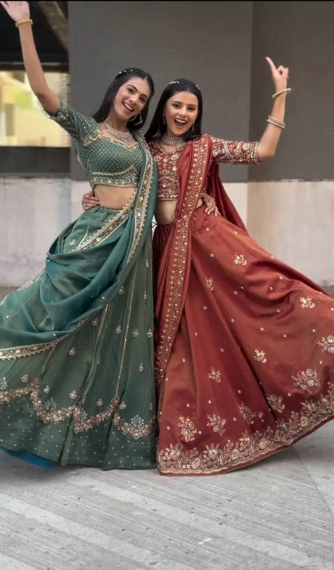 New Chinon fabric Embroidery Thread and Sequence Work Lehenga Choli