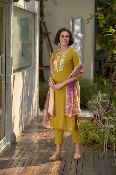 New Heavy Muslim Cotton With Heavy Rayon Cotton With Embroidery Sequence Work Top-Bottom And Dupatta Set