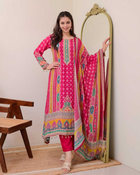 New DESIGNER WEAR JAYPURI TRENDING  TOP WITH PRINTED WORK WITH MIROR WORK WITH PLAZZO AND DUPATTA
