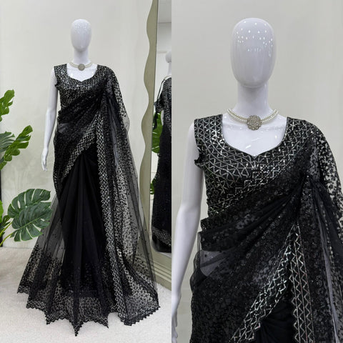 New beautiful DesignerSoft Net Febric with Sequnce work and blouse with saree