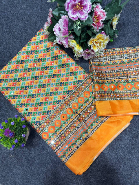 New Chinon Digital Print Collection with beautiful real mirror Saree