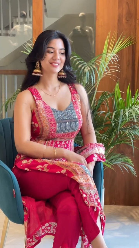 New Beautiful maslin with original MIRROR workstraight-cut Kurti