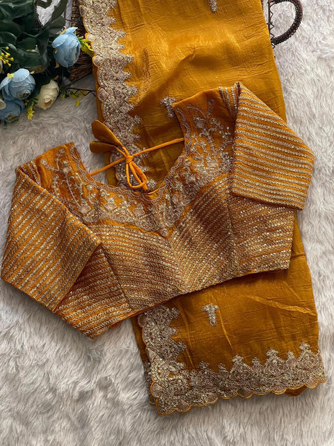 NEW TRENDING GLOD CRUSH FABRIC ON HEAVY EMBRODERY WORK SAREE