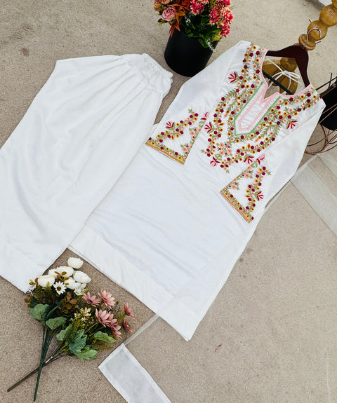 New Designer Natural Crep Silk Top-Bottom And Dupatta Set Fully Stitched Ready To Wear