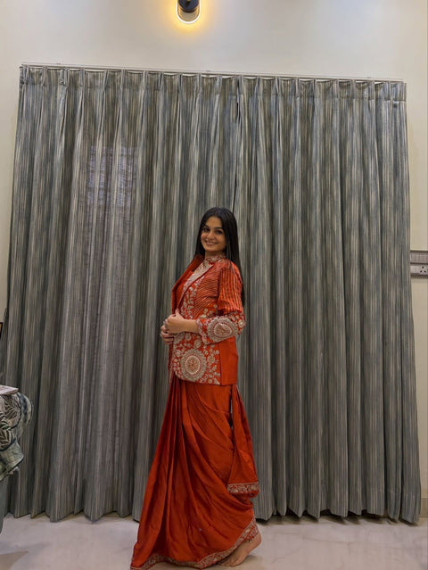 NEW SUPERHIT TRENDING READY TO WEAR SAREE WITH FULLY EMBROIDERED STYLIST BLOUSE & KOTI ON  RANGOLI FABRIC DRAPE SAREE