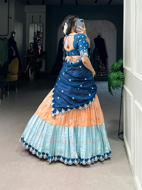 New Zari Weaving Work With Sequins and Thread Embroidery Scallop Lace Border Lehenga choli