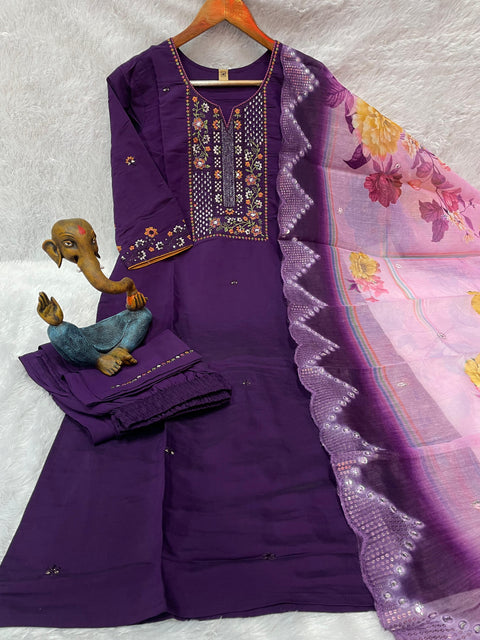 New Beautiful Multi Embroidery Thread With Hand Work Roman Silk Dress