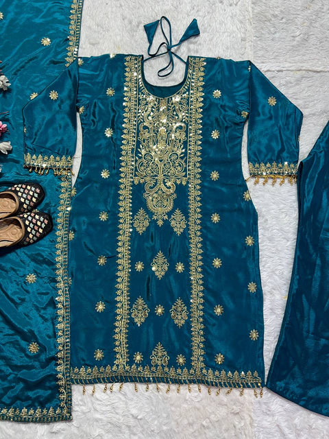 New Premium Pure Heavy Chinnon Silk With Heavy Embroidery Coding Sequence Work Dress
