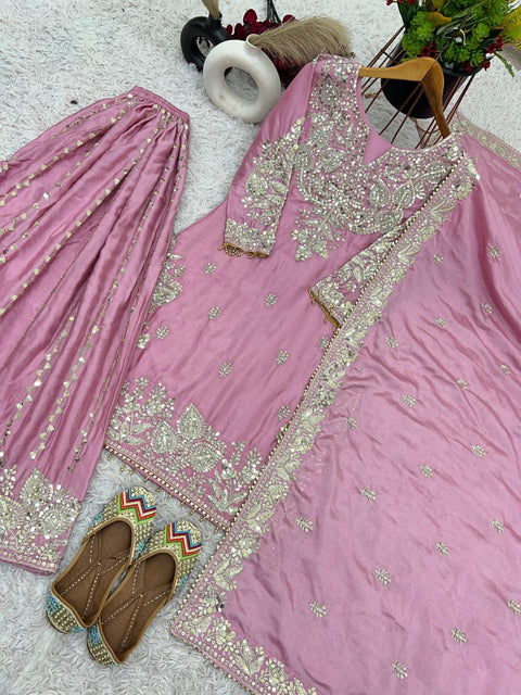 New Pure Heavy Chinnon Silk With  Heavy Embroidery moti Sequence Work With Full Embroidery Sleeve