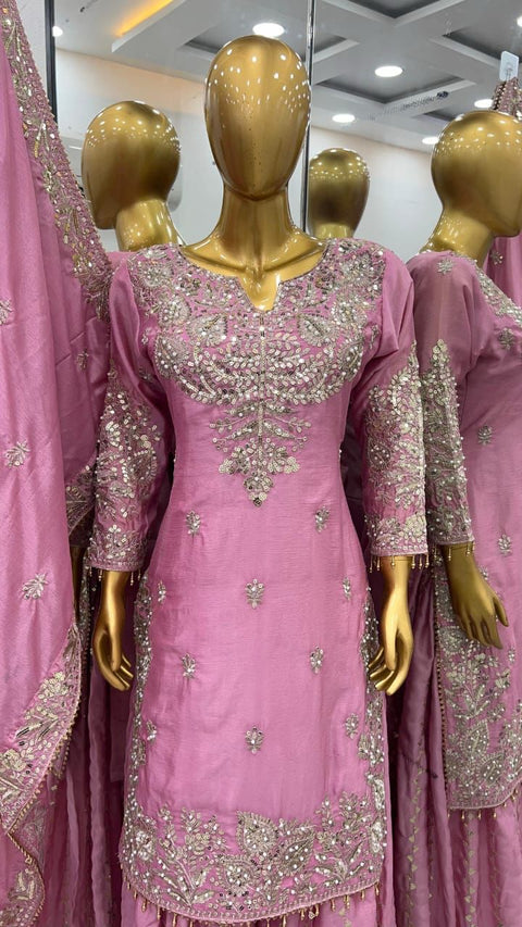 New Pure Heavy Chinnon Silk With  Heavy Embroidery moti Sequence Work With Full Embroidery Sleeve