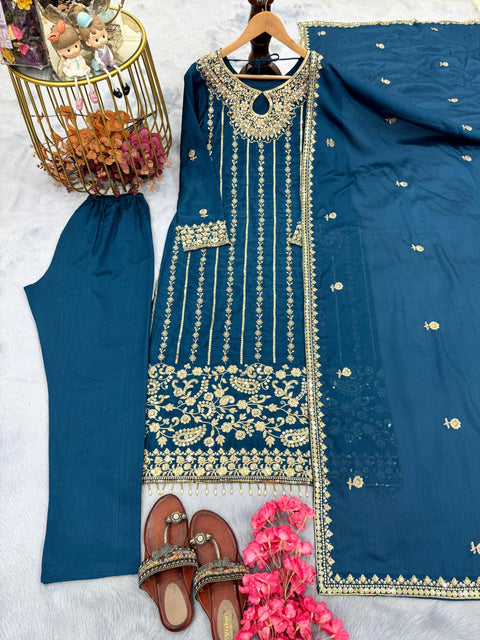New Designer Party Wear Look Pur Chinon Silk Top Bottom & Dupatta Set