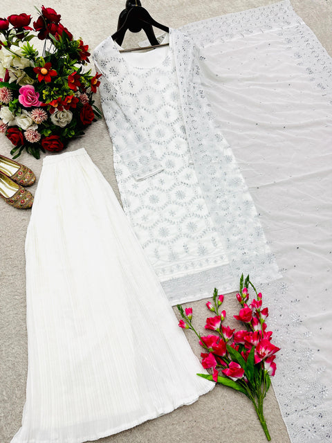 New Premium Fox Georgette With Emrodery  Siqwans Work With Full-Sleeves Sarara