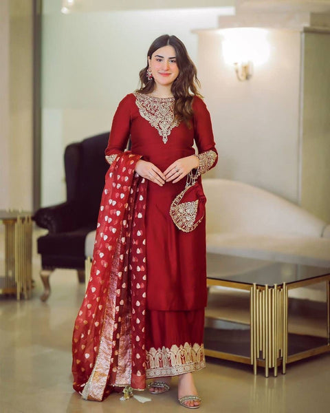 New QUALITY HEAVY GEORGETTE TOP WITH BEAUTIFUL FULLY EMBROIDERED &  HEAVY GEORGETTE PLAZZO