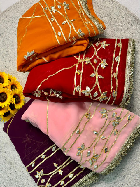 New pure chiffonJaipur Hand Dye Beautiful Gota Patti Work saree